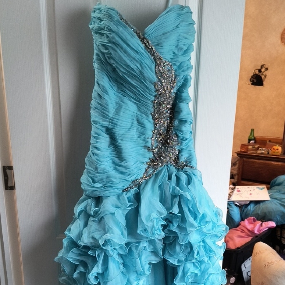 Mac Duggal Blue High Low Gown with Sweetheart Neckline and Embellishments